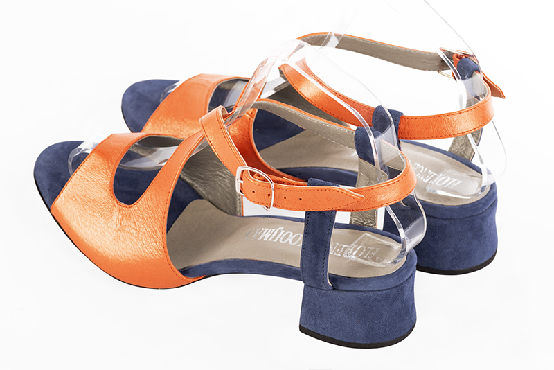 Prussian blue and apricot orange women's open back sandals, with crossed straps. Round toe. Low flare heels. Rear view - Florence KOOIJMAN